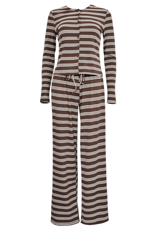 Brown & Cream Striped Button Up Ribbed Co-ord