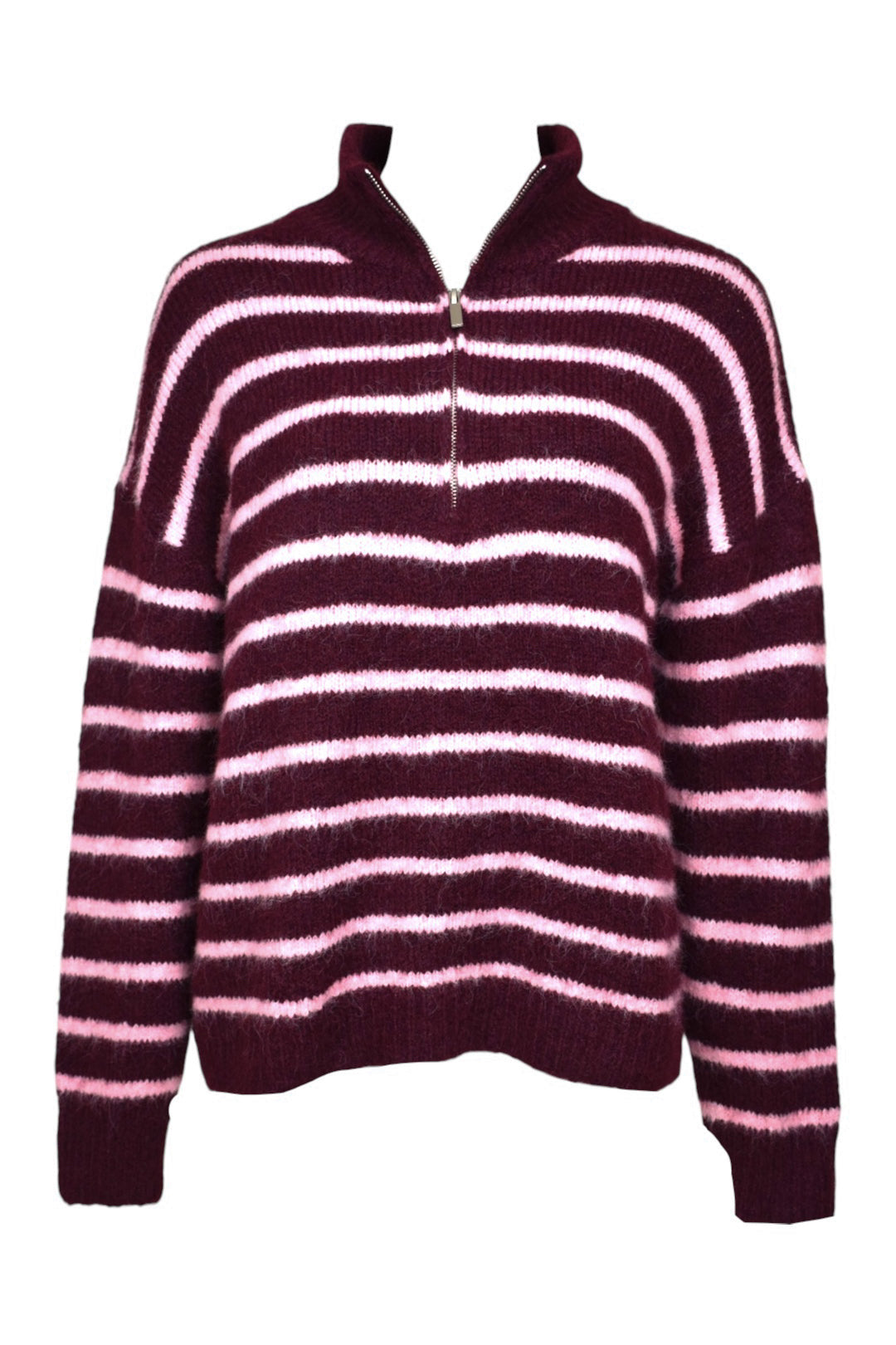 Burgundy & Pink Striped Knitted Quarter Zip Jumper