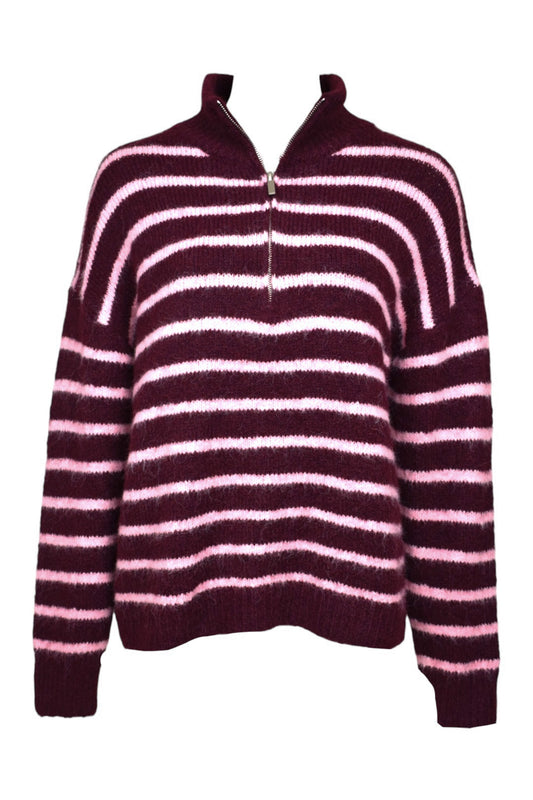 Burgundy & Pink Striped Knitted Quarter Zip Jumper
