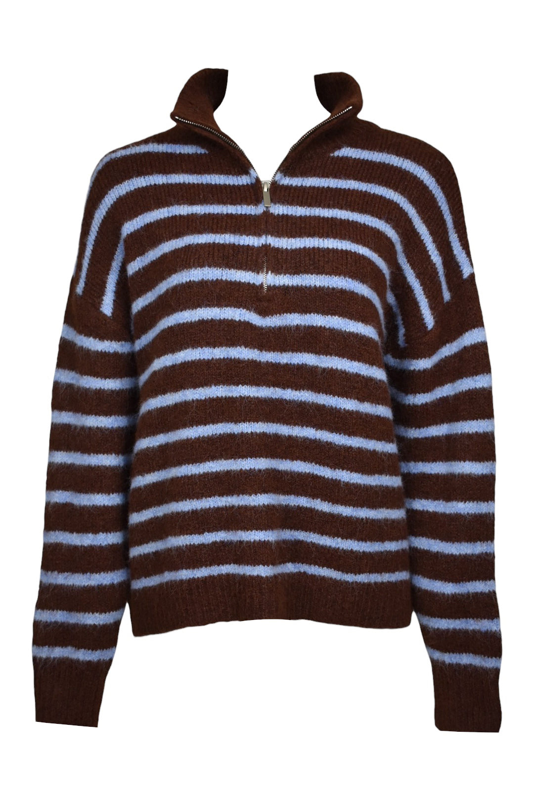 Brown & Blue Striped Knitted Quarter Zip Jumper