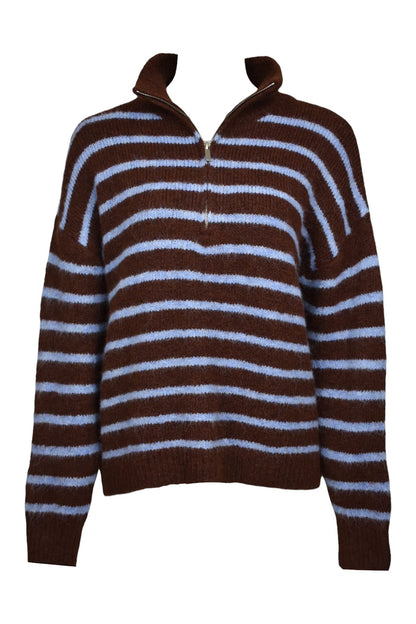 Brown & Blue Striped Knitted Quarter Zip Jumper