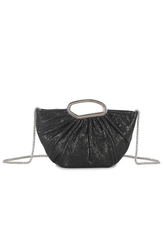 Black Metal Handle Ruched Half Moon Grab Bag