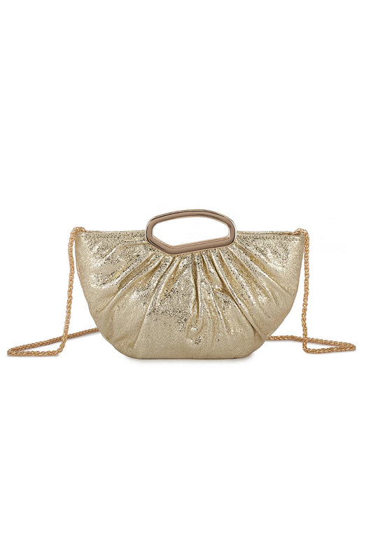 Gold Metal Handle Ruched Half Moon Bag