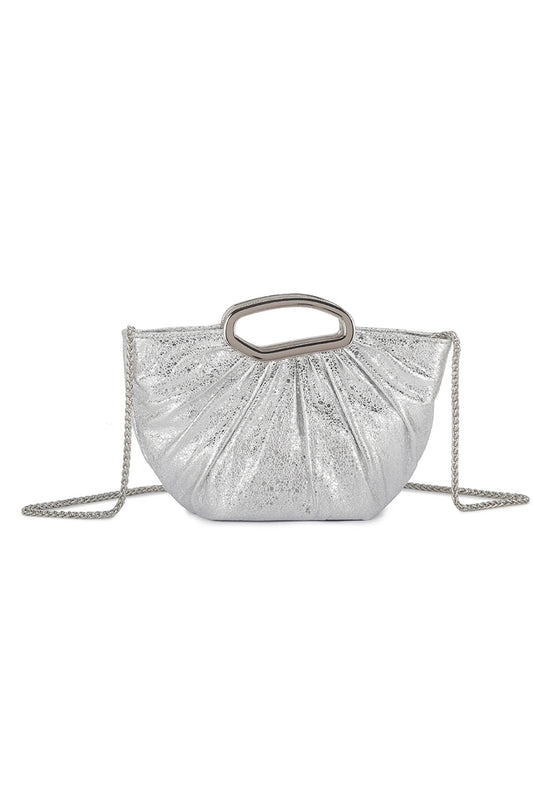 Silver Metal Handle Ruched Half Moon Grab Bag