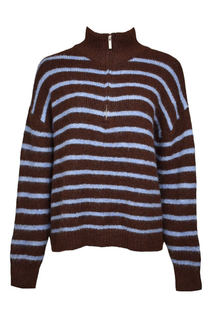 Brown & Blue Striped Knitted Quarter Zip Jumper