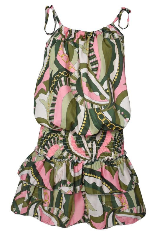 Khaki Scarf Chain Print Shirred Waist Dress