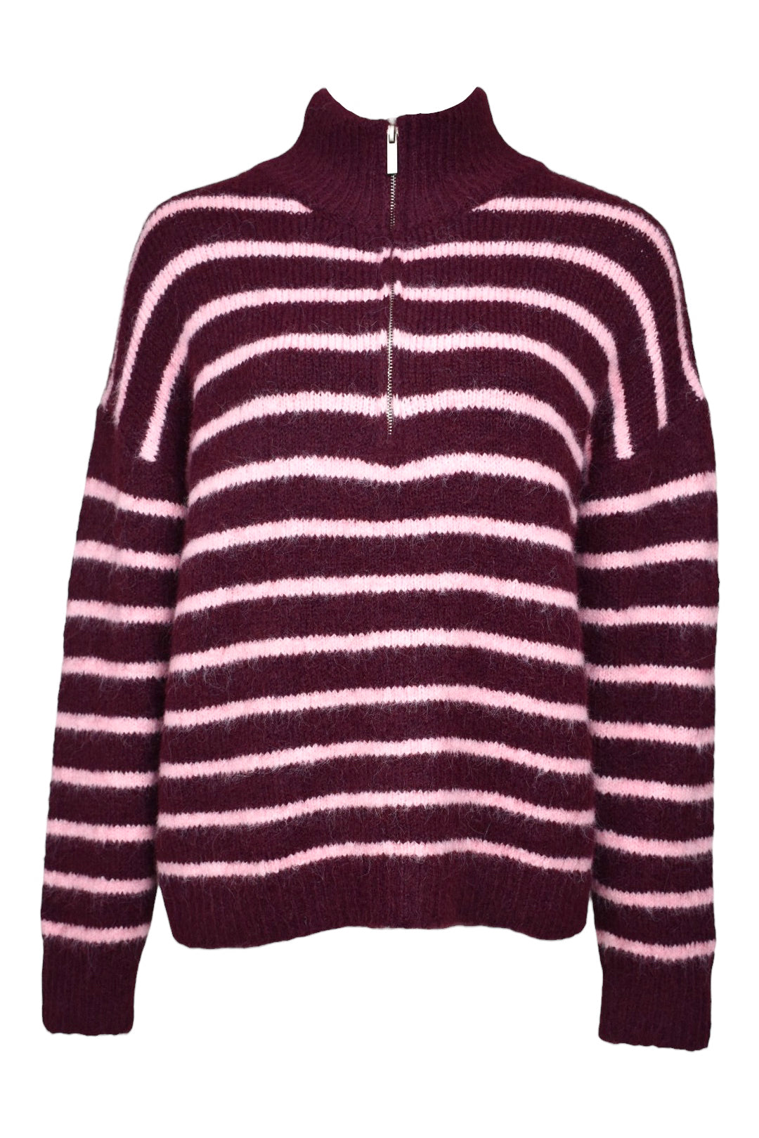 Burgundy & Pink Striped Knitted Quarter Zip Jumper
