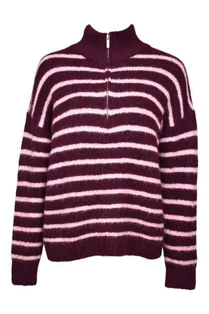 Burgundy & Pink Striped Knitted Quarter Zip Jumper