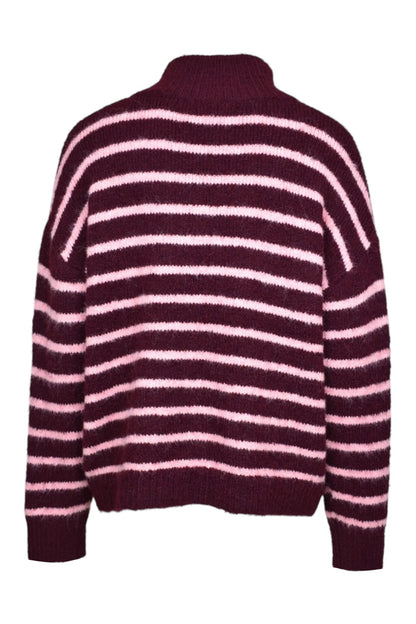 Burgundy & Pink Striped Knitted Quarter Zip Jumper