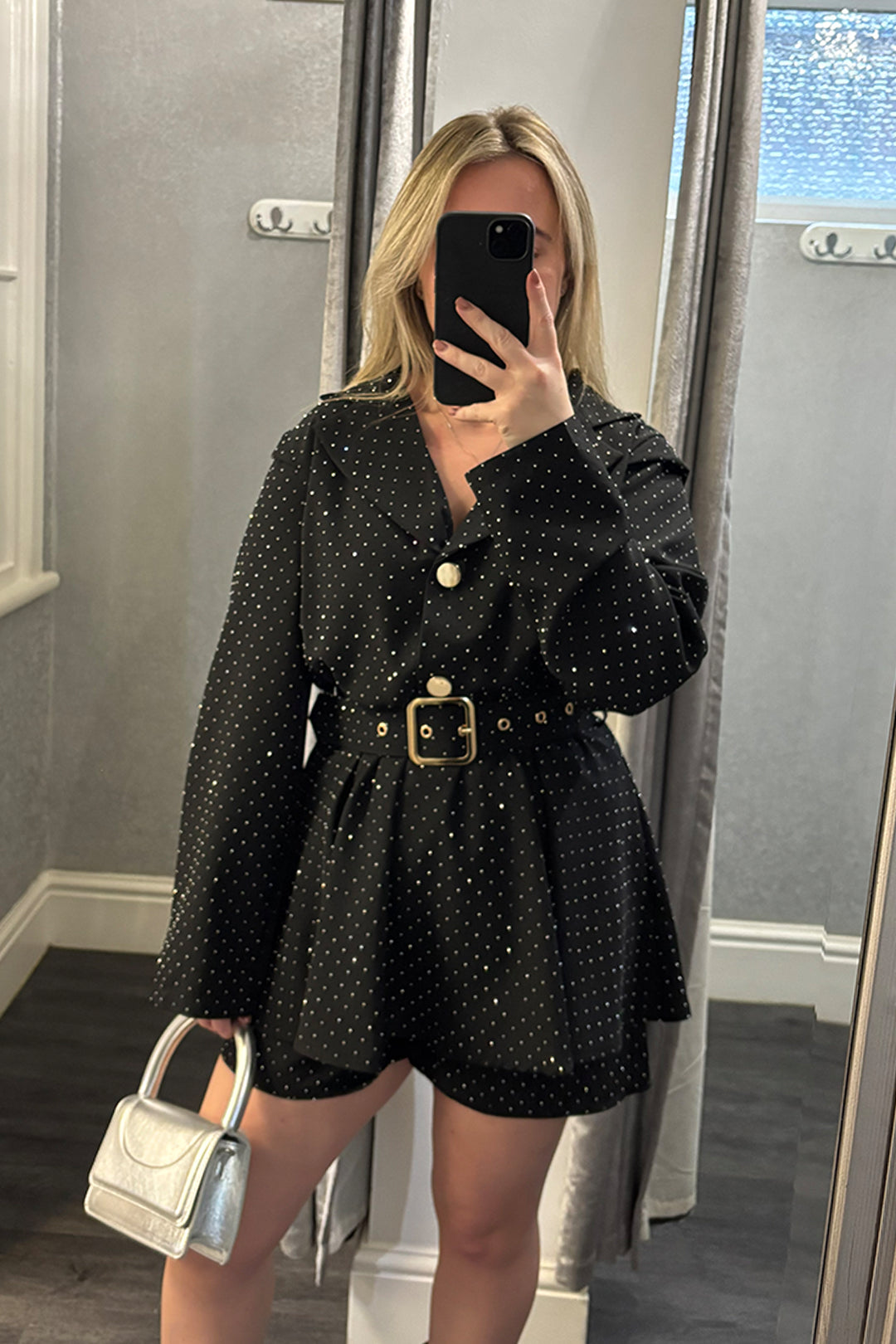 Black Diamante Belted Playsuit