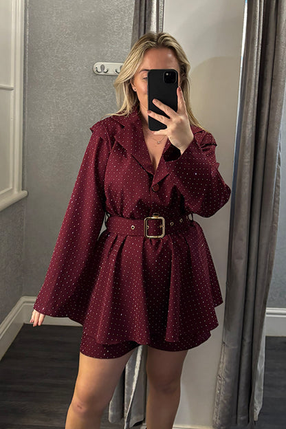 Burgundy Diamante Belted Playsuit