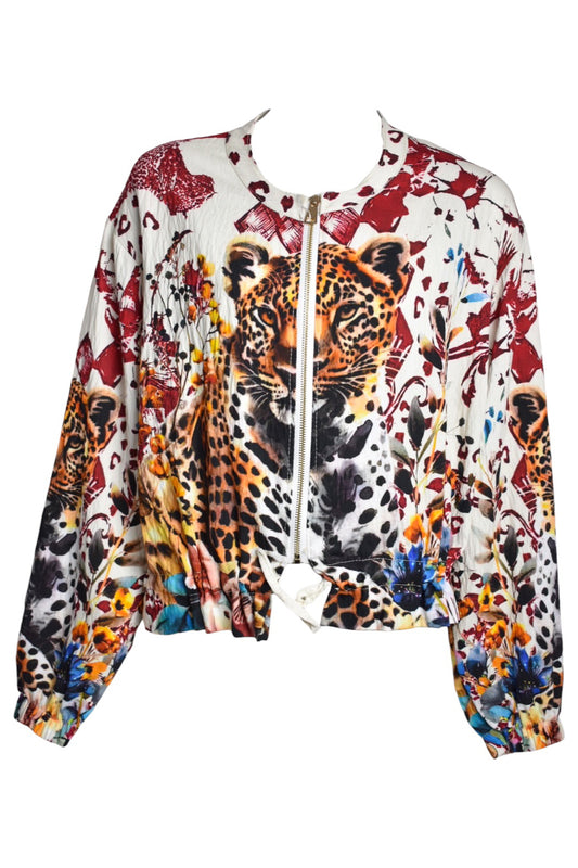 Cream Leopard Print Zip Up Bomber Jacket