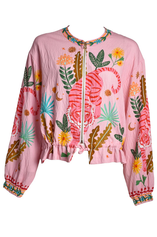 Pink Tiger Print Zip Up Bomber Jacket