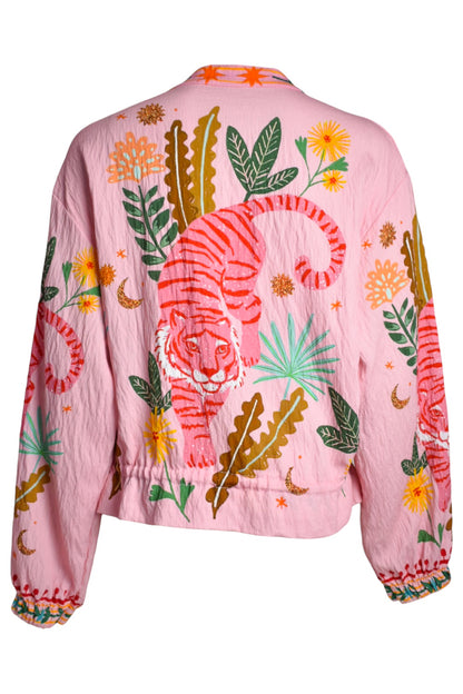 Pink Tiger Print Zip Up Bomber Jacket