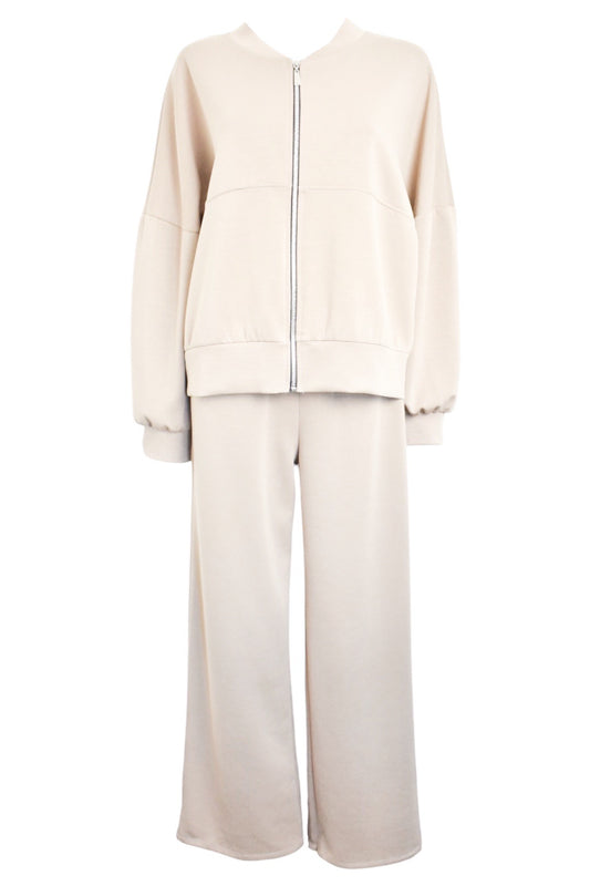 Beige Zipped Jacket Wide Leg Loungesuit