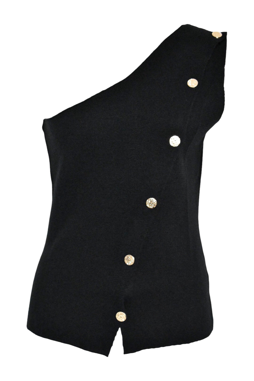 Black Knitted Gold Button One Shoulder Top