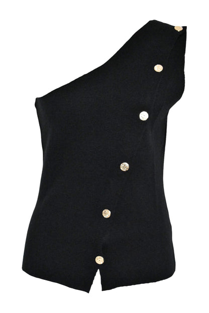 Black Knitted Gold Button One Shoulder Top