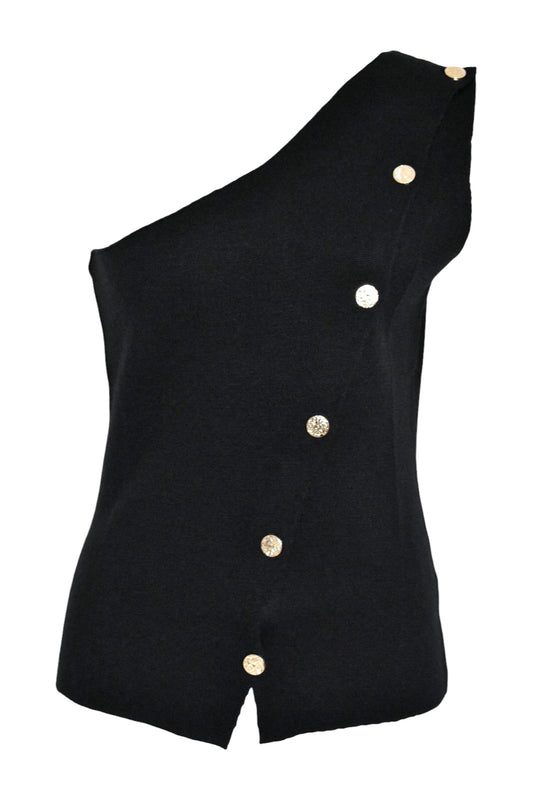 Black Knitted Gold Button One Shoulder Top