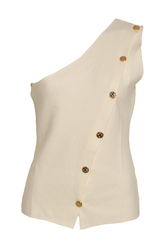 Beige Knitted Gold Button One Shoulder Top
