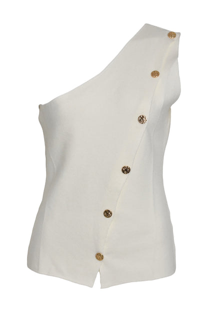 Cream Knitted Gold Button One Shoulder Top