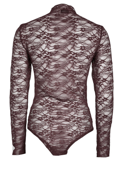 Brown Floral Lace Long Sleeve Bodysuit