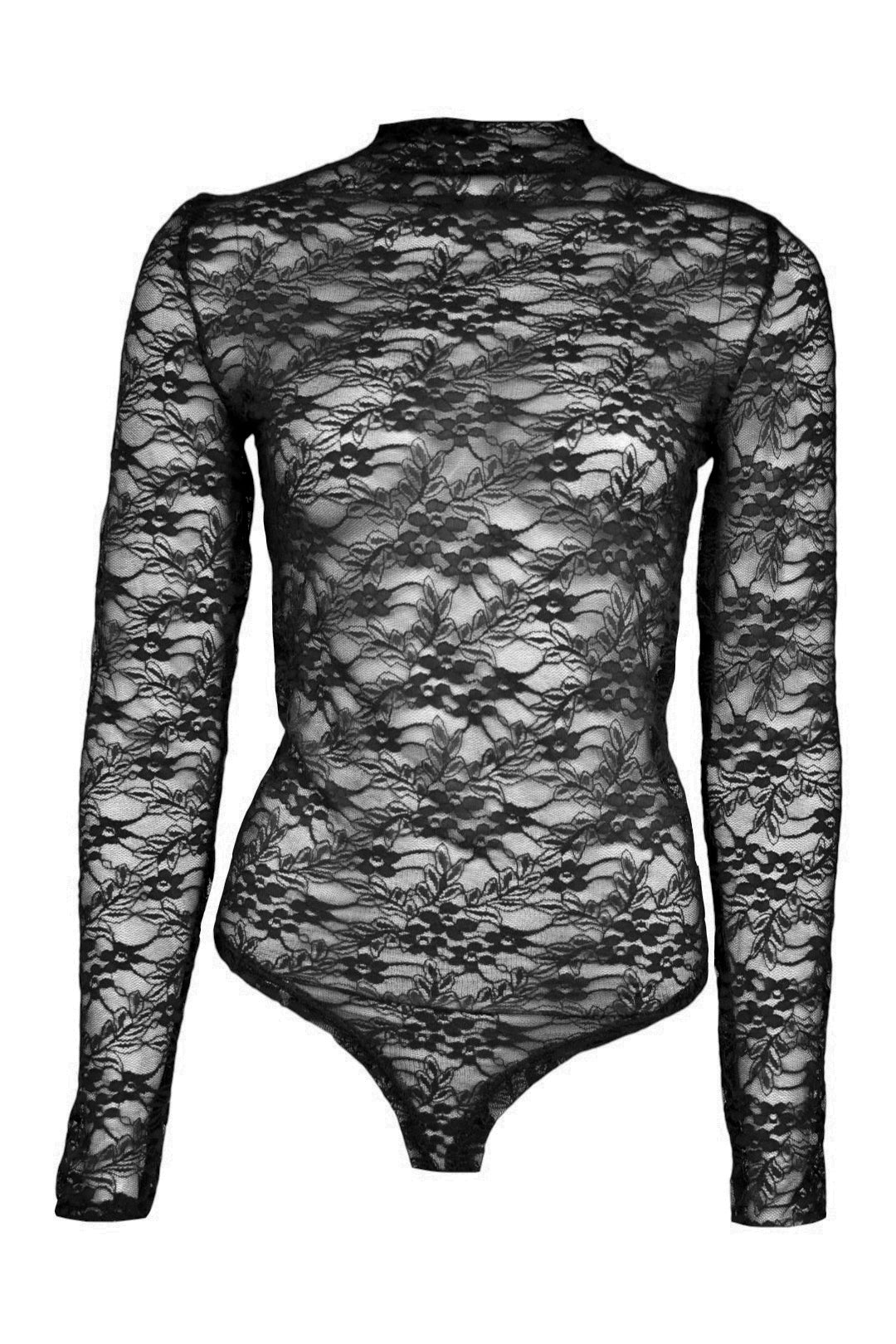 Black Floral Lace Long Sleeve Bodysuit