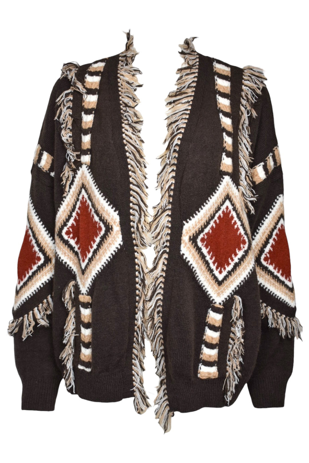 Brown Aztec Fringe Cardigan