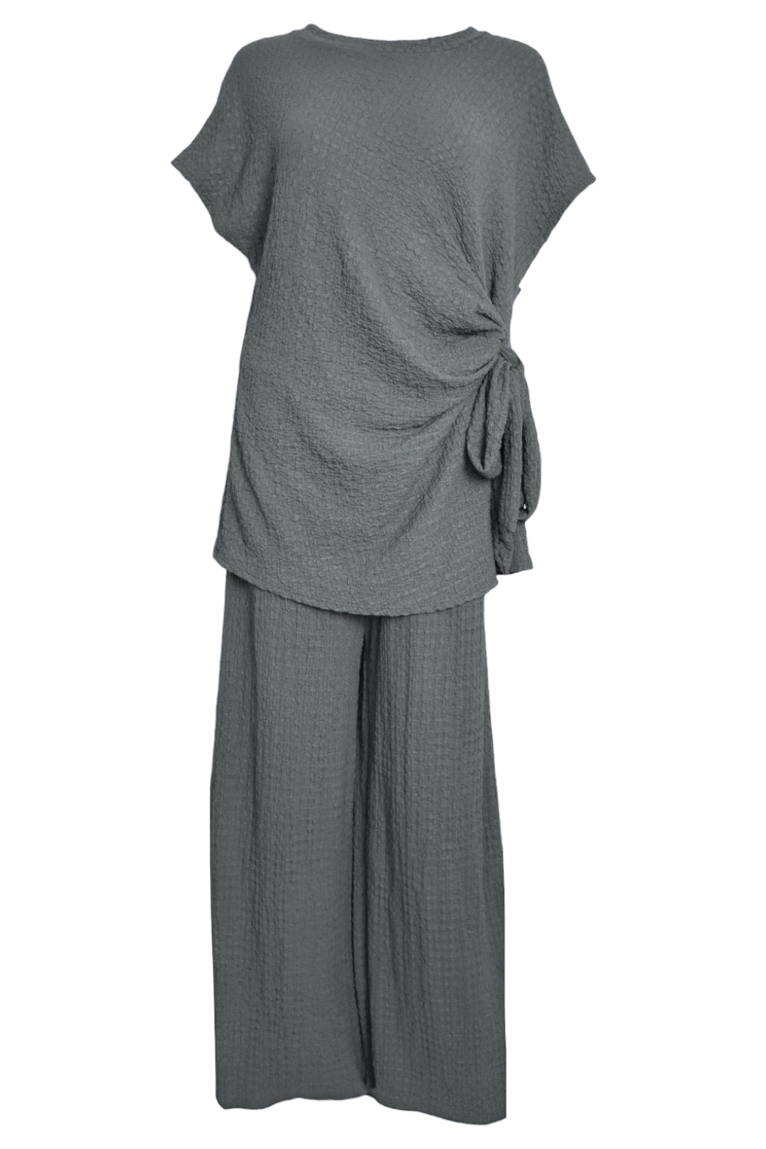 Grey Crinkle Side Tie Top & Wide Leg Trousers Co-ord