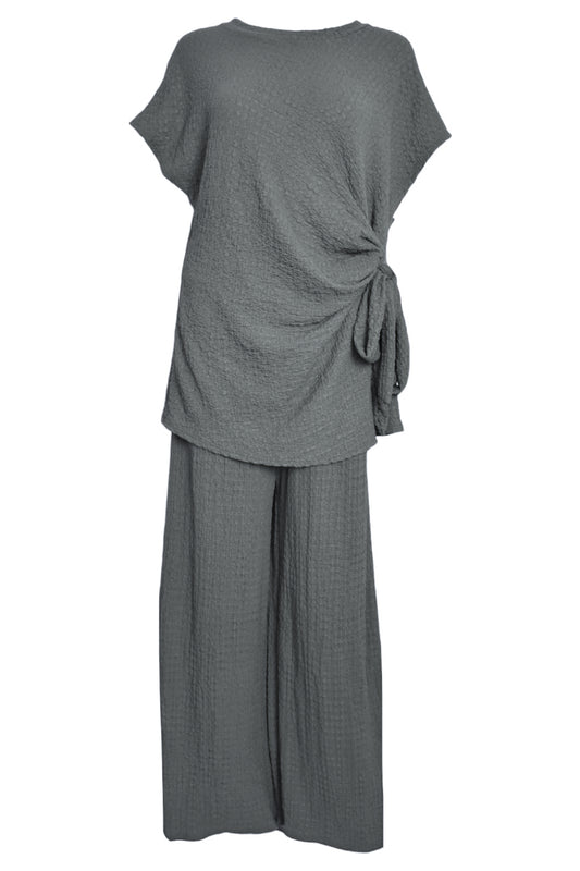 Grey Crinkle Side Tie Top & Wide Leg Trousers Co-ord