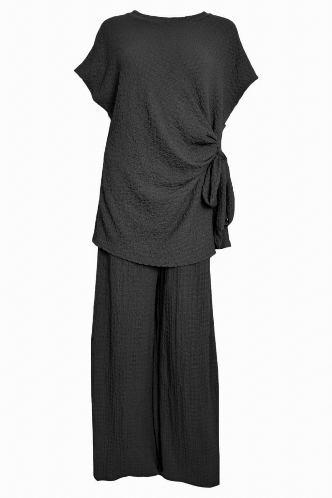 Black Crinkle Side Tie Top & Wide Leg Trousers Set