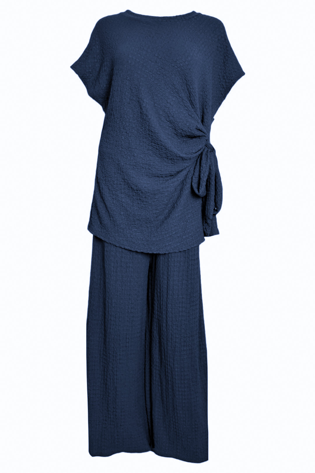 Navy Crinkle Side Tie Top & Wide Leg Trousers Co-ord