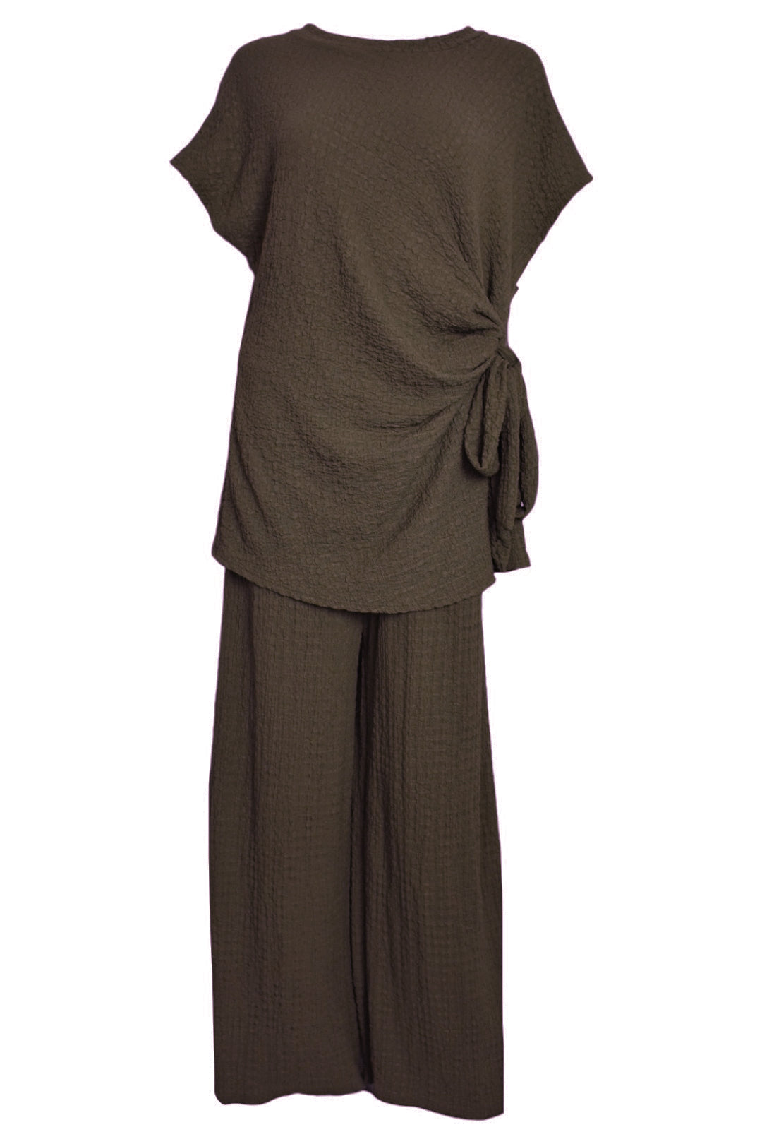 Brown Crinkle Side Tie Top & Wide Leg Trousers Co-ord