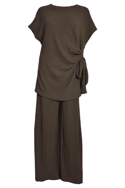 Brown Crinkle Side Tie Top & Wide Leg Trousers Co-ord