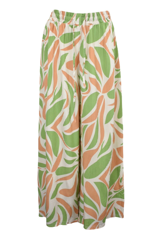 Green Abstract Pleated Wide Leg Trousers