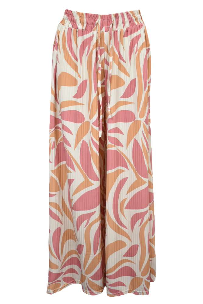 Pink Abstract Pleated Wide Leg Trousers