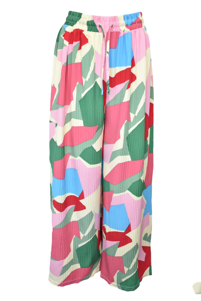 Green & Pink Abstract Patch Wide Leg Trousers