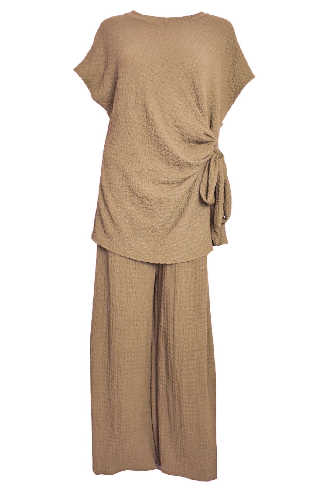 Taupe Crinkle Side Tie Top & Wide Leg Trousers