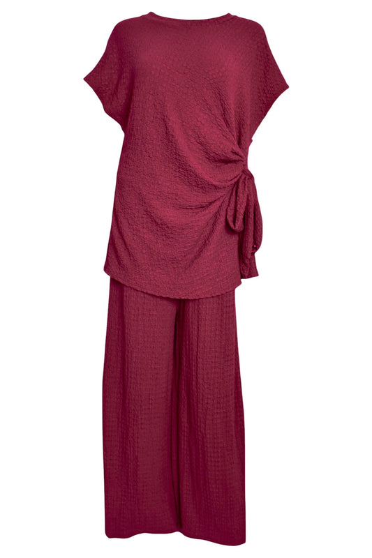 Wine Crinkle Side Tie Top & Wide Leg Trousers Set