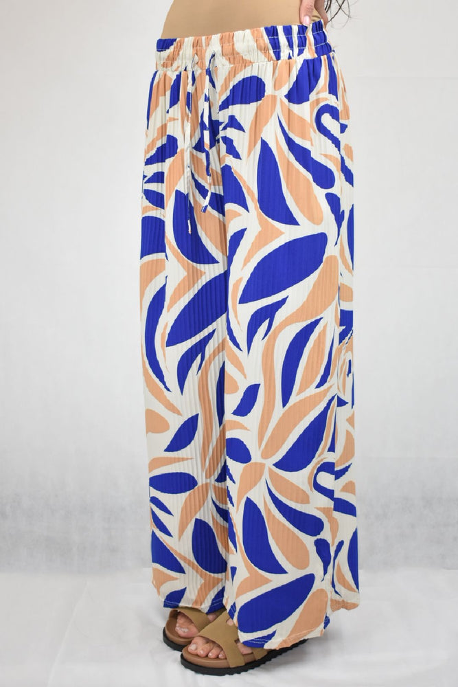 Blue Abstract Pleated Wide Leg Trousers