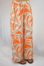 Orange Abstract Pleated Wide Leg Trousers