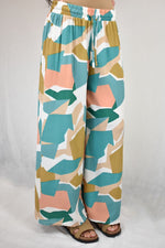 Peach & Teal Abstract Patch Wide Leg Trousers