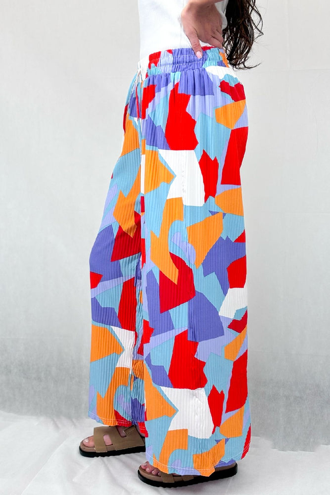 Red & Blue Abstract Patch Wide Leg Trousers