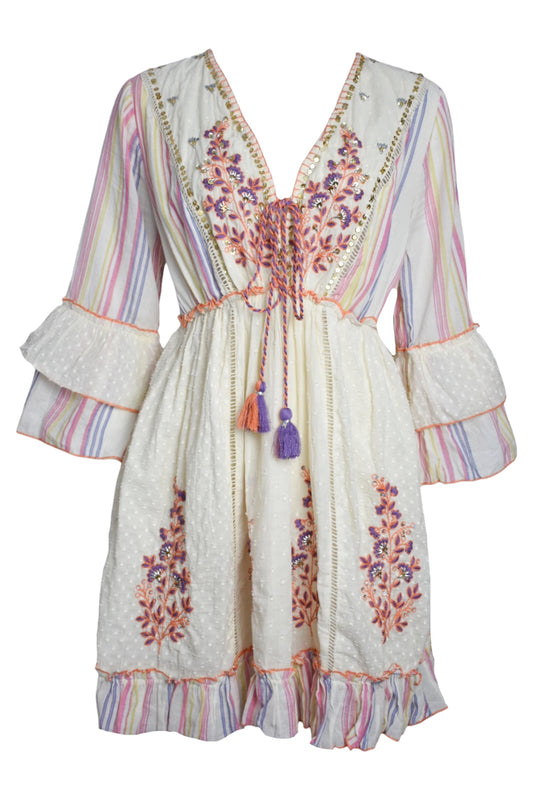 Cream Multi Embroidered Tassel Dress