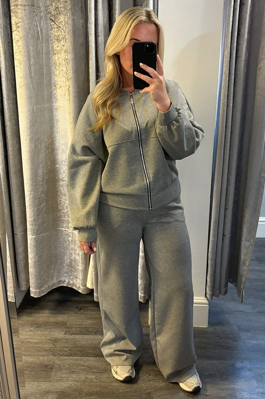 Grey Zipped Jacket Wide Leg Loungesuit