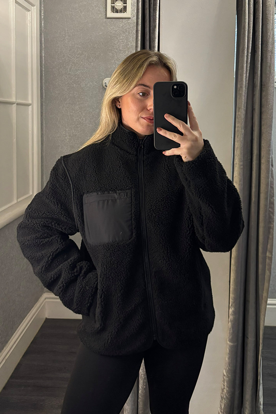 Black Contrast Pocket Zip Up Fleece