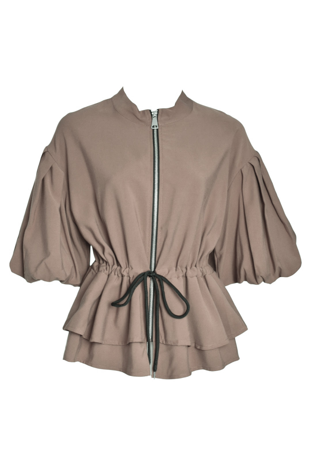 Taupe Dipped Hem Tie Waist Zip Up Top
