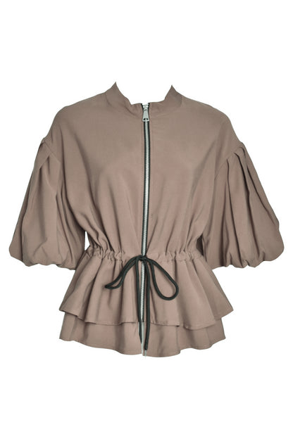Taupe Dipped Hem Tie Waist Zip Up Top