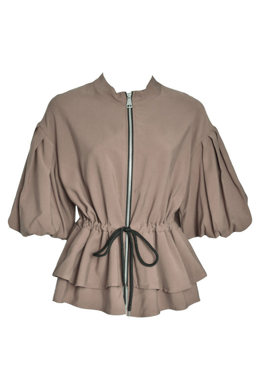 Taupe Dipped Hem Tie Waist Zip Up Top