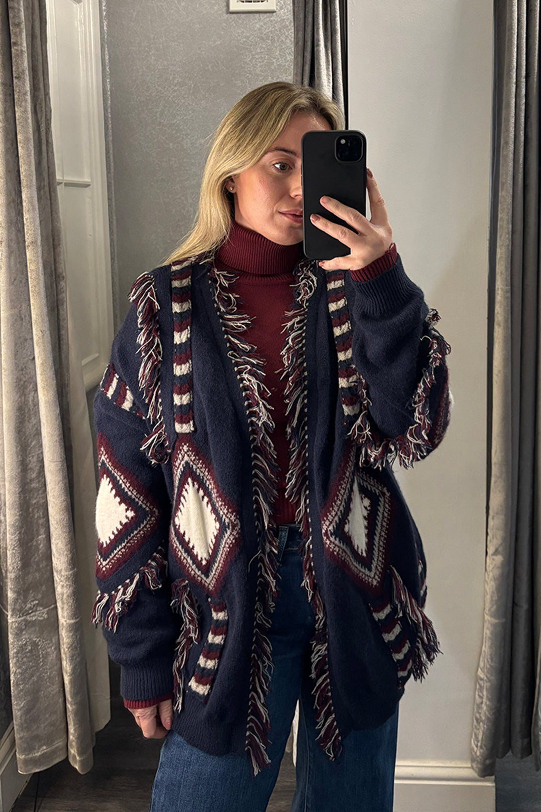 Navy Aztec Fringe Cardigan