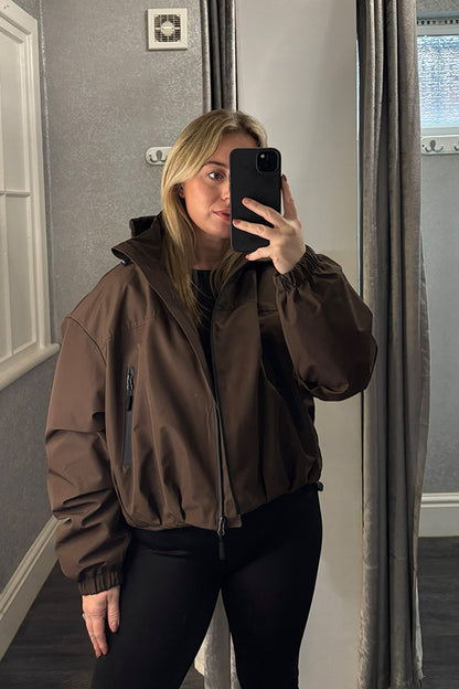 Brown Contrast Zip Hooded Jacket